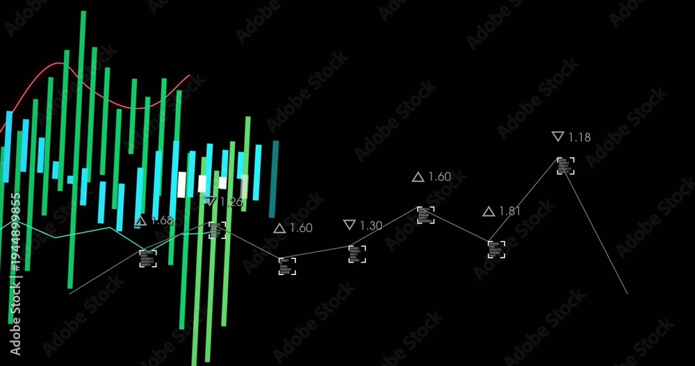 Obraz premium Displaying finance chart on black screen, showing green-cyan bars, red-cyan trends, polyline values