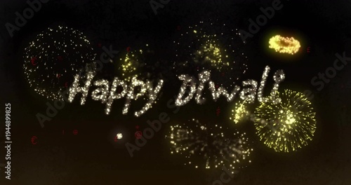 Forming Happy Diwali phrase in night sky, featuring radial bursts, sparklers, smoke plumes