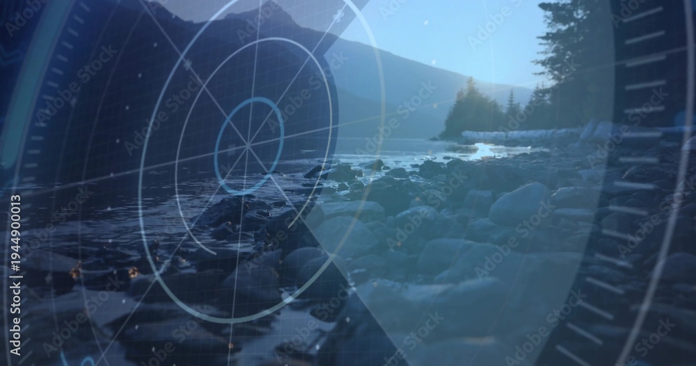 Obraz premium Scanning radar HUD, onboard sensor mapping shallow water along rocky lakeshore near mountain