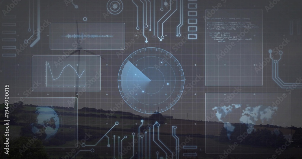 Obraz premium Displaying central radar HUD scanning rural hills at dusk, with waveform, world map, circuit traces
