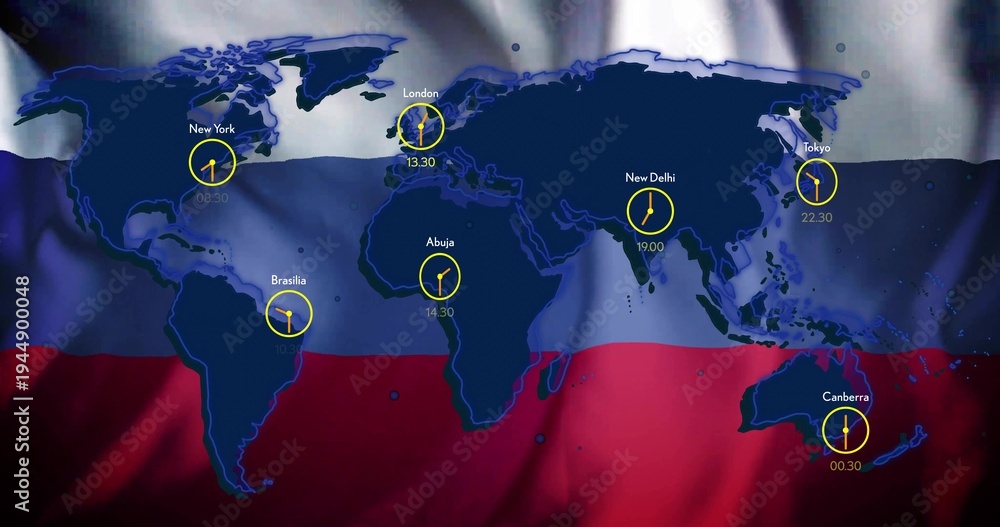 Naklejka premium Displaying dark-blue map centered over Russian flag, showing yellow-clock icons with city times