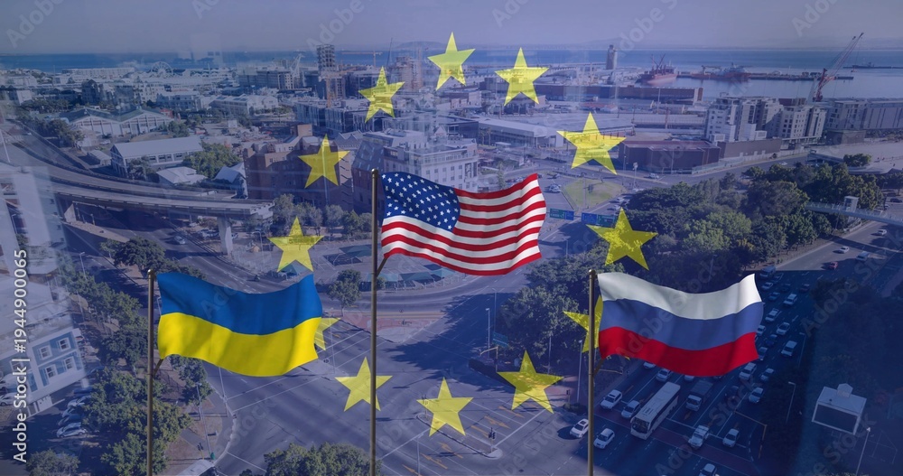 Fototapeta premium Displaying United States, Ukraine, Russia flags over coastal roundabout, with EU stars overlay