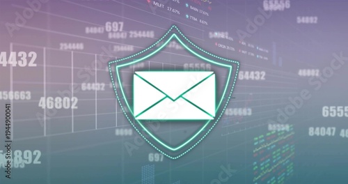 Floating envelope icon glowing in shield emblem over virtual UI showing grid chart data markers