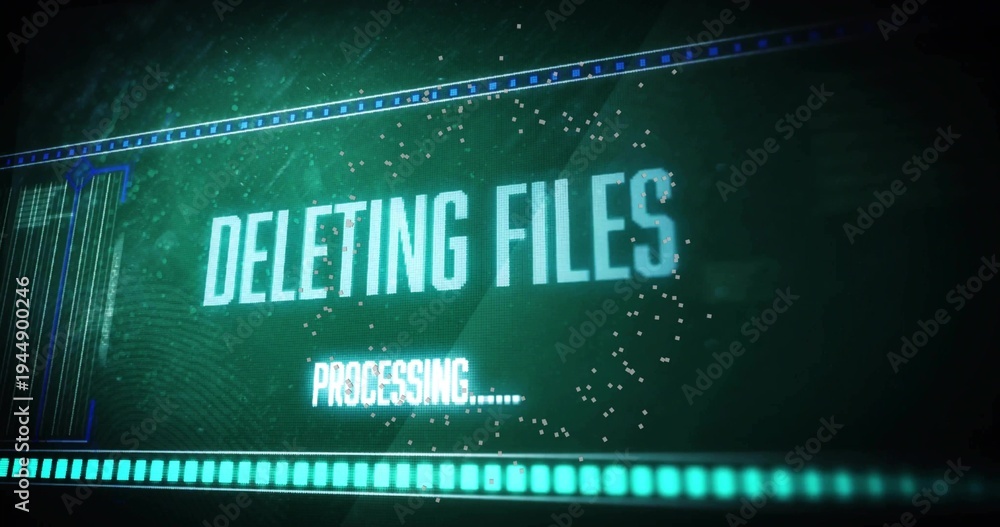 Fototapeta premium Displaying central DELETING FILES text pulsing on system console showing progress bars and scanline