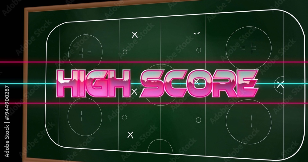 Naklejka premium Displaying framed green tactical board hanging on dark studio wall, showing magenta-pink HIGH SCORE