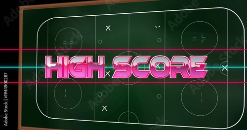 Displaying framed green tactical board hanging on dark studio wall, showing magenta-pink HIGH SCORE