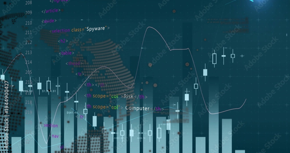 Fototapeta premium Displaying dashboard showing trading cybersecurity on teal display, with candlesticks and code tags