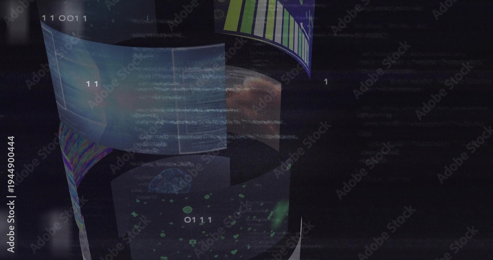 Fototapeta premium Displaying vertical cylindrical stack rotating in dark virtual space, showing numbers, code, nebula