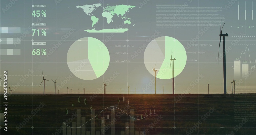 Fototapeta premium Stretching line of wind turbines spanning sunset plain, showing pale charts and percent overlays