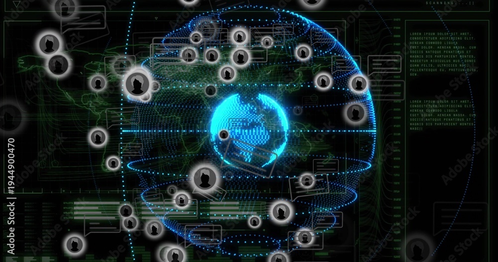 Fototapeta premium Visualizing central glowing Earth globe rotating in command hub display, with avatar nodes and HUD