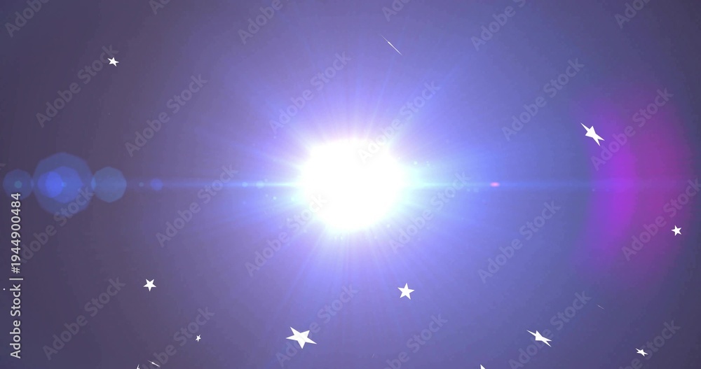 Fototapeta premium Glowing central white-blue flare casting radial rays in dark sky with magenta-halo flare-line stars