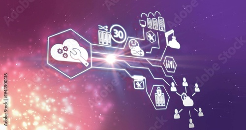 Showing glowing network diagram centered on purple gradient with hex panel, servers, calendar 30