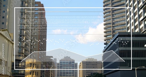 Displaying white AR overlay covering downtown canyon, showing towers, balconies, streetlight