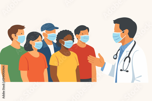 Vector illustration of a diverse group of people wearing protective face masks listening to a male doctor in a white lab coat and stethoscope making an important public health announcement.