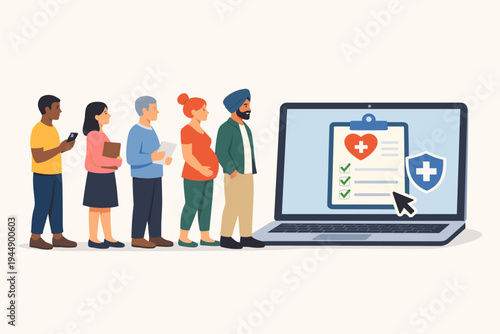 Diverse People Waiting in Line to Fill Out Online Health Insurance Contract on Laptop Screen, Medical Registration, Healthcare Services, Patient Portal, Digital Insurance Policy Vector Illustration.