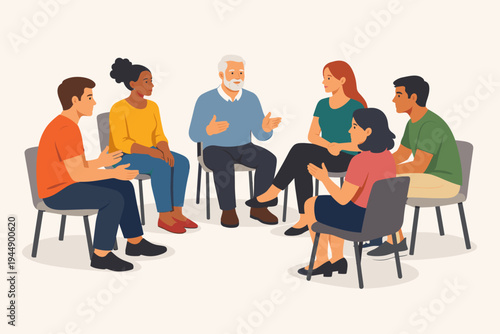 Diverse group of people sitting in a circle having a discussion or therapy session. Simple flat vector illustration of a support group, community meeting, counseling, or workshop for teamwork.