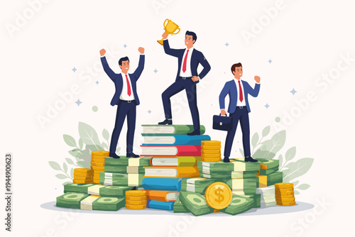 Successful Businessmen Standing on a Stack of Books and Money Bills Holding a Golden Trophy. Concept of Education Leading to Financial Wealth, Career Achievement and Business Success Vector Art.