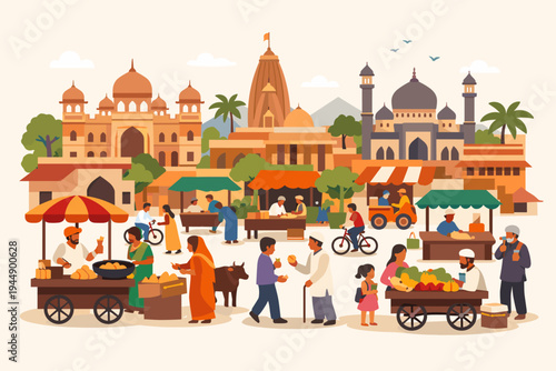 Vibrant flat vector illustration of a bustling Indian town market featuring traditional architecture, street food vendors, people in ethnic wear, a temple, mosque, and daily life in a city.
