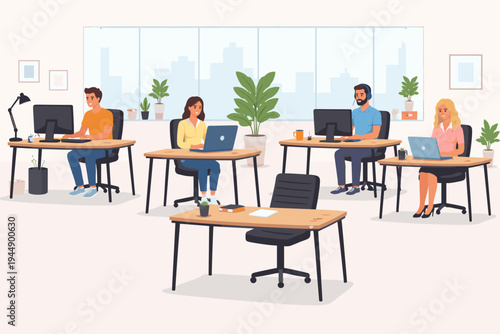 Flat vector illustration of a professional office environment where men and women work at desks with computers and laptops, featuring indoor plants, a city view window, and an empty workstation.