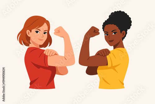 Vector illustration of diverse white and black women flexing their biceps showing strength and empowerment. Strong confident female characters in a Rosie the Riveter pose for feminist concept art.