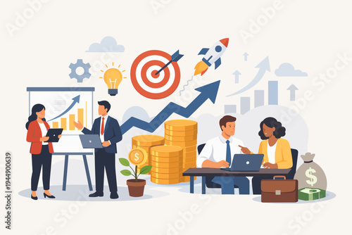 Business Team Collaborating on Successful Investment Strategy and Financial Growth with Data Analysis, Startup Launch Rocket, Target Achievement, and Profit Management in Modern Office Setting