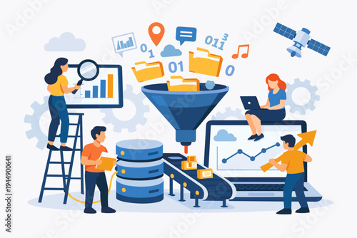 Flat Vector Illustration of People Collecting and Processing Big Data for Business Intelligence, Featuring Data Analysis, Information Management, Server Storage, and Digital Analytics Tools.