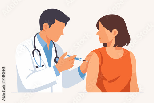 Doctor with Syringe Injecting Vaccine into Patient Shoulder, Simple Flat Vector Illustration of Medical Professional Administering Immunization Shot to Woman for Healthcare and Disease Prevention