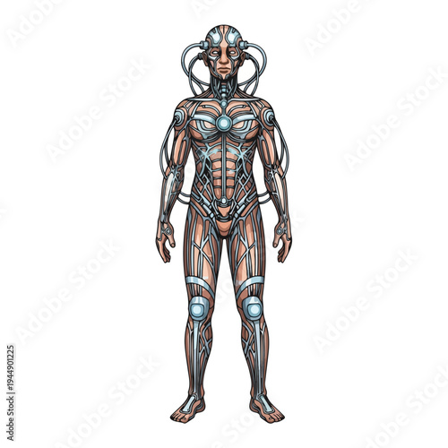 Futuristic Cyborg Humanoid Robot Standing Alone.