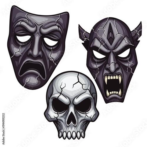 Halloween Masks and Skull Illustration.