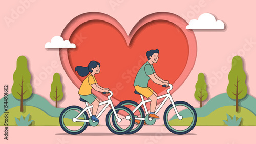 Loving couple riding bicycles together in park with large red heart background