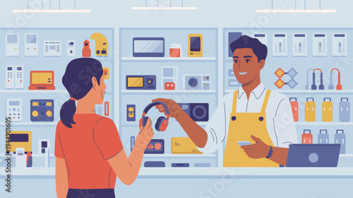 Customer and salesperson interacting in a retail store with various products on shelves