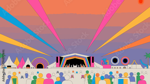 Vibrant music festival scene with colorful tents and crowd under radiant beams of light at sunset