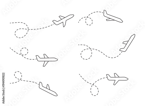 Airplane Dotted Flight Paths Set – Travel Route Line Icons Illustration