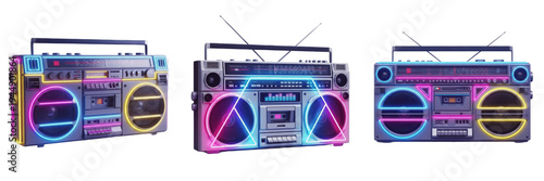 Foto Retro Neon Boombox Set - 80s Vintage Style Ghetto Blaster with Glowing LED Accen
