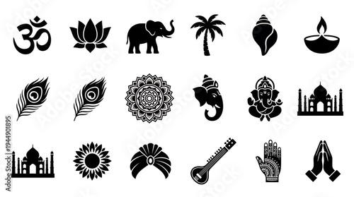 Set of black Indian cultural icons including Om symbol, lotus, elephant, Taj Mahal, Lord Ganesha and mandala on white background, concept for religious celebration, branding and cultural design