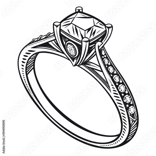 Black and white diamond ring with detailed jewelry gemstone ring band