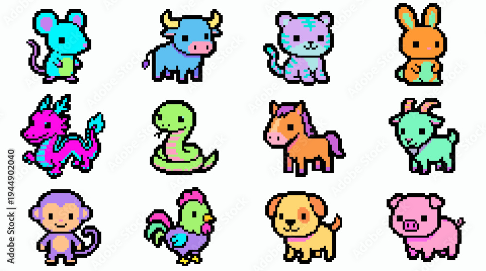 Obraz premium Collection of colorful kawaii pixel art animals featuring twelve chinese zodiac signs set on white background, concept for game assets, digital stickers and retro graphic design