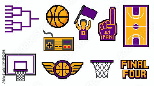 Pixel art basketball icon set featuring bracket, ball, court, hoop and fan elements on white background, concept for sports marketing, tournament promotion and mobile gaming app interface
