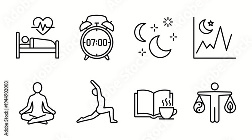 Minimalist line icon set of healthy morning routines and sleep habits for office executives, concept for corporate wellness, employee mental health and productivity tracking apps