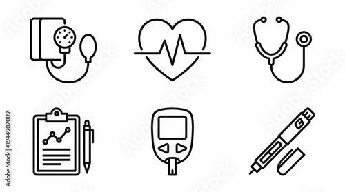 Black line icons of blood pressure monitor heart pulse stethoscope clipboard glucose meter and insulin pen on white background, concept for healthcare app, medical clinic and diabetes care