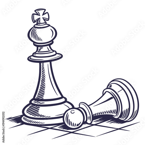 Standing and fallen chess pieces on chessboard king