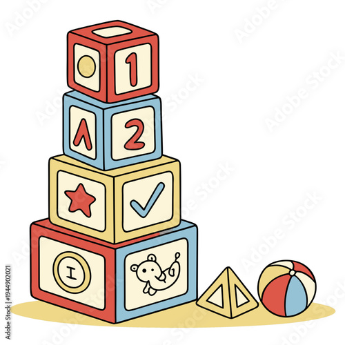 Stacked colorful blocks and beach ball on white background