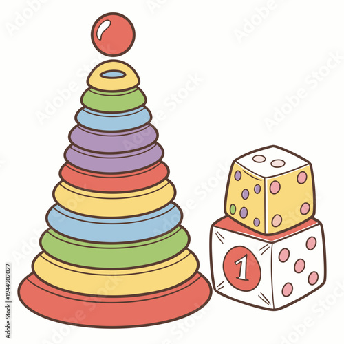 Colorful stacking toy and dice on white background rings