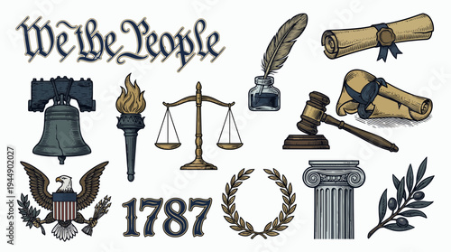 Vintage set of American constitutional symbols including Liberty Bell, eagle, scales of justice and quill, concept for law firm branding, historical education and government documents