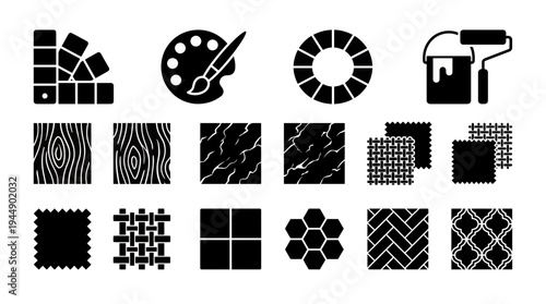 Collection of black material and interior design icons featuring wood marble fabric and color tools, concept for home renovation project, architectural planning and interior decorating portfolio