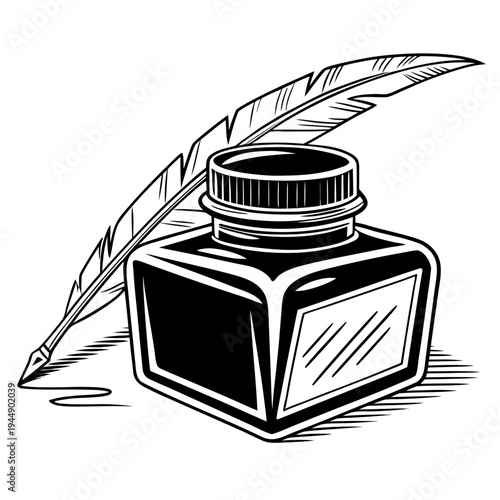 Ink bottle and feather pen black and white writing stationery