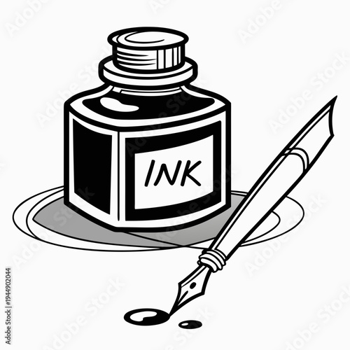 Ink bottle and metal pen black and white writing stationery