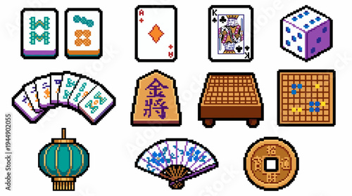 Pixel art set of Asian game elements like mahjong tiles, cards, dice, shogi, go board, fan and lantern, concept for retro gaming interface, cultural heritage illustration and casino app design