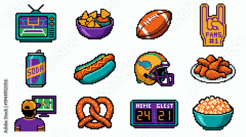 Pixel art icons of American football snacks and game elements with a creative marketing manager viewing sports, concept for brand design, digital advertising and web interface development