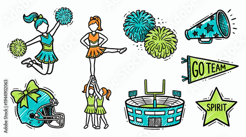 Hand drawn doodle of cheerleaders representing marketing managers with stadium and megaphone icons, concept for corporate team building, business motivation and organizational leadership